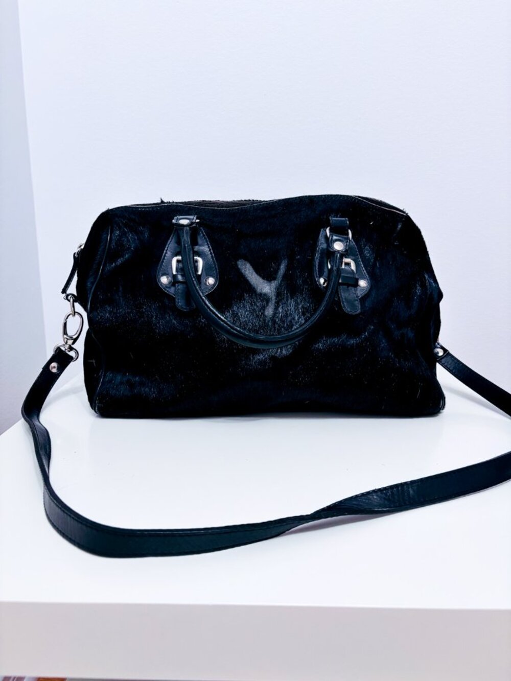MAURIZIO TAIUTI Black Hair-On Leather Satchel Crossbody Shoulder Bag
